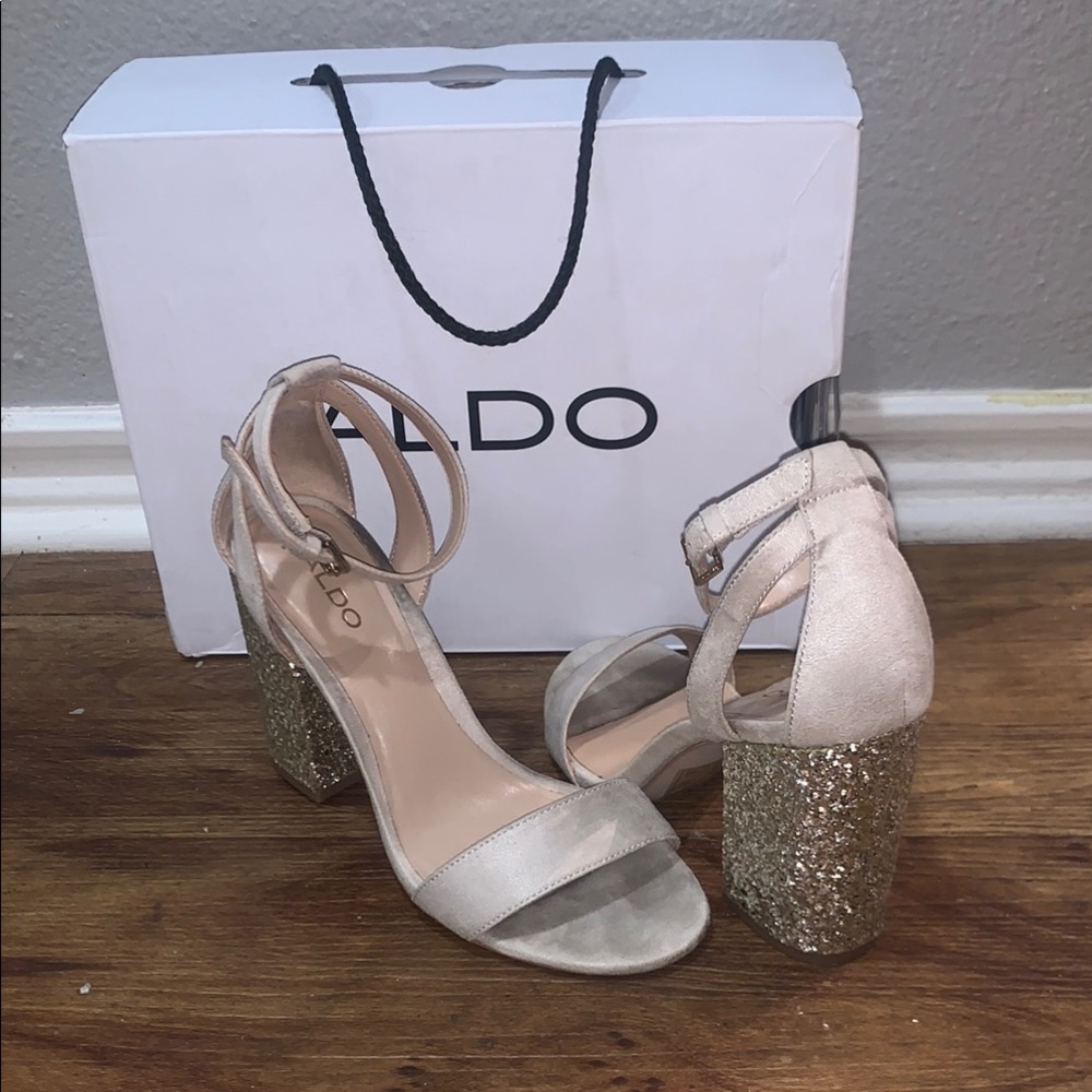 Aldo Women's Gold and Cream Block Heel Sandals
